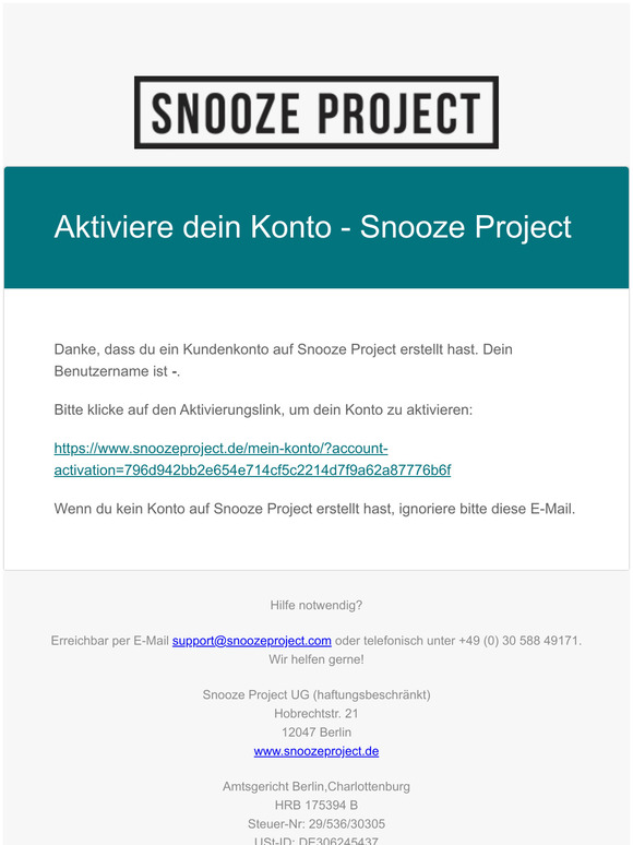 Aktiviere dein Konto - Snooze Project