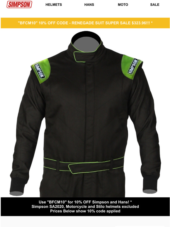 Simpson SFI-5 Renegade Suit for $323, Extended Cyber Savings