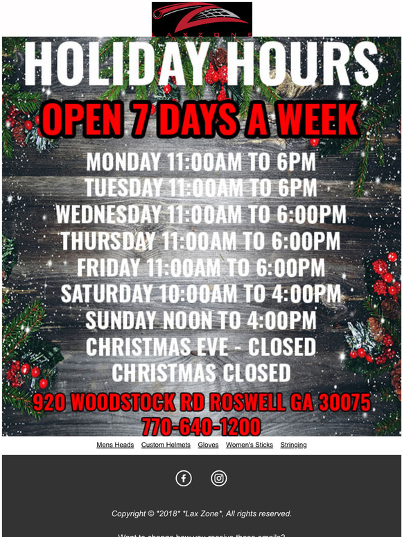 Lax Zone Georgia Holiday Hours