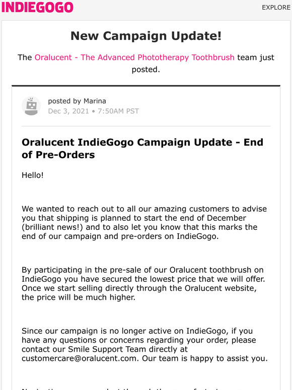 Indiegogo: Update #17 from Oralucent - The Advanced Phototherapy