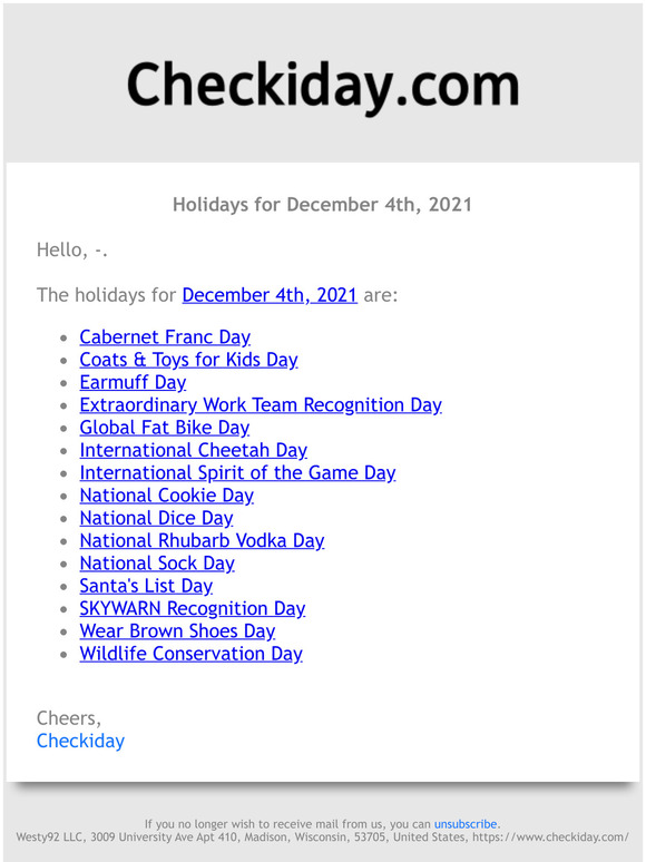 Checkiday Holidays for December 4th, 2021! Milled