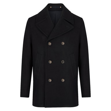Black Melton Wool Wide Lapel Peacoat