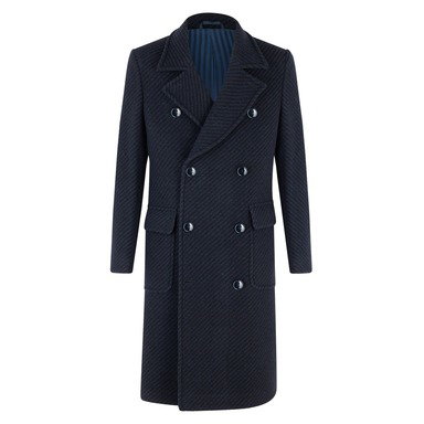 Black and Navy Virgin Wool Macro Long Double-Breasted Albert Overcoat
