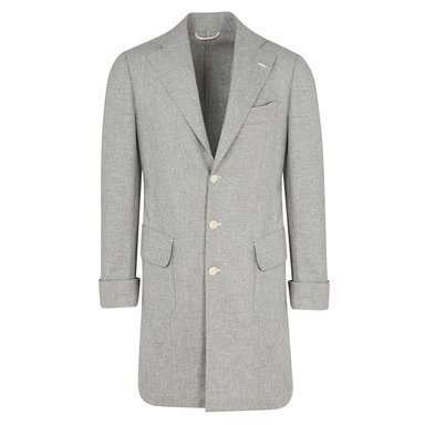 Grey Wool Flannel Single-Breasted Coat with Back Belt