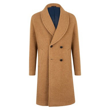 Camel Virgin Wool Shawl Collar Double-Breasted Robbie Overcoat
