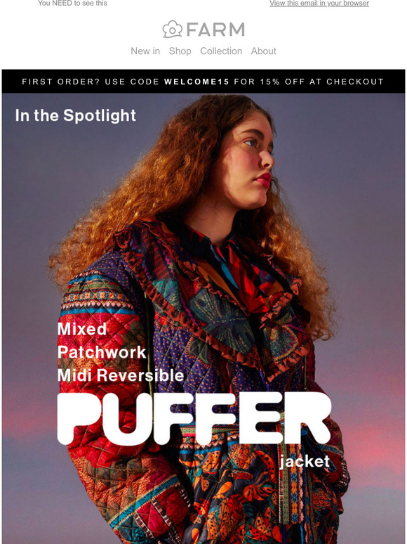 Farm Rio In the Spotlight Mixed Patchwork Midi Reversible Puffer