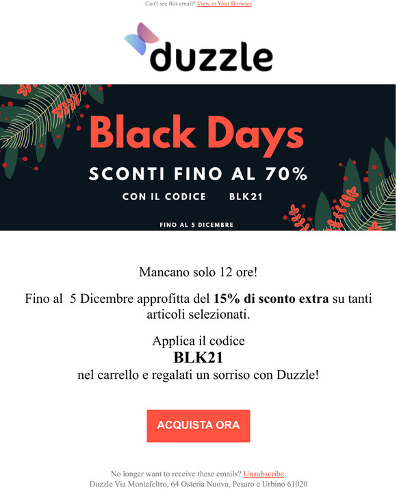 -15% di SCONTO i Black Days finiscono oggi!