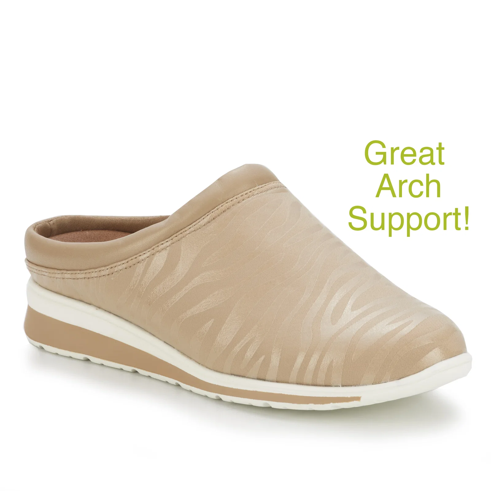 Image of Dana Clog: Light Taupe Zebra Stretch Fabric/Light Taupe Leather NEW
