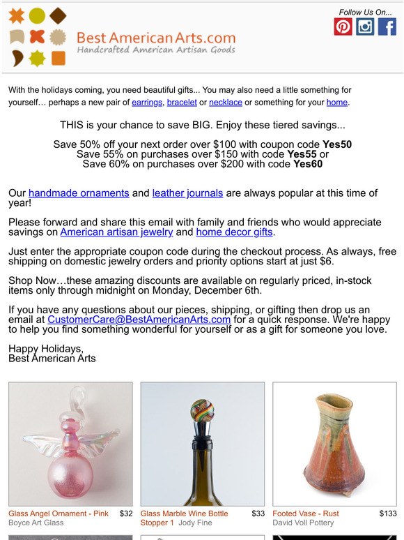 Last Chance to Save BIG - 60% off $200 or more, 55% off $150 to $200, or 50% off $100 to $150, on American Made Gifts