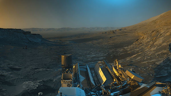 A panoramic view of the Martian landscape captured by the NASA Curiosity rover.