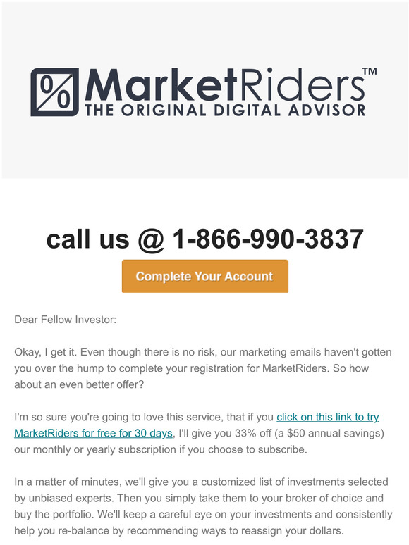 Complete your MarketRiders account and save 33% if you subscribe