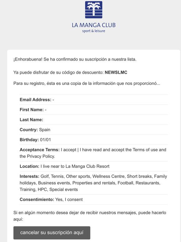 Newsletter La Manga Club (Ingls): Suscripcin confirmada