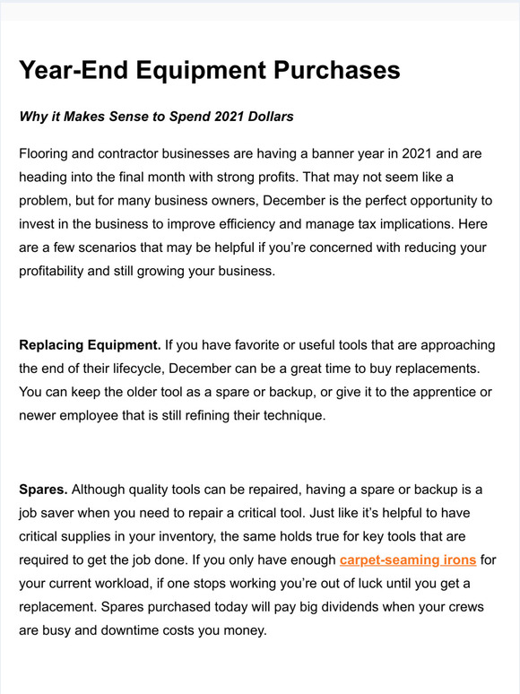 Hi, Have you considered end-of-year tool and equipment purchases?