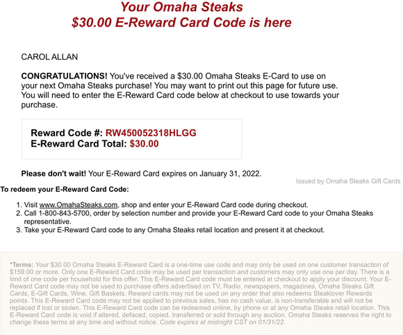 E-Gift Card  Omaha Steaks