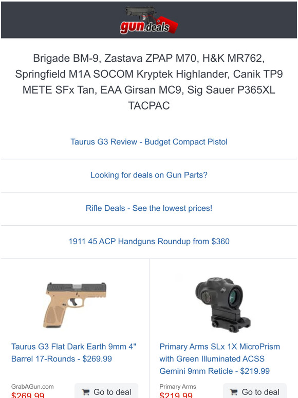 Gun.deals Taurus G3 FDE, Springfield Model SA35, Savage 110 Switchback, Inland M1 Carbine