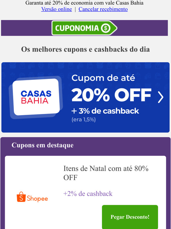 Cuponomia: O Boticrio 20%+6%| AliExpress at 80%+3%| Submarino at 70%+5,6% |  Milled