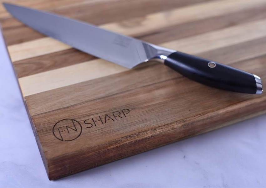 F.N. Sharp Acacia Wood Cutting Board with Chef's Knife