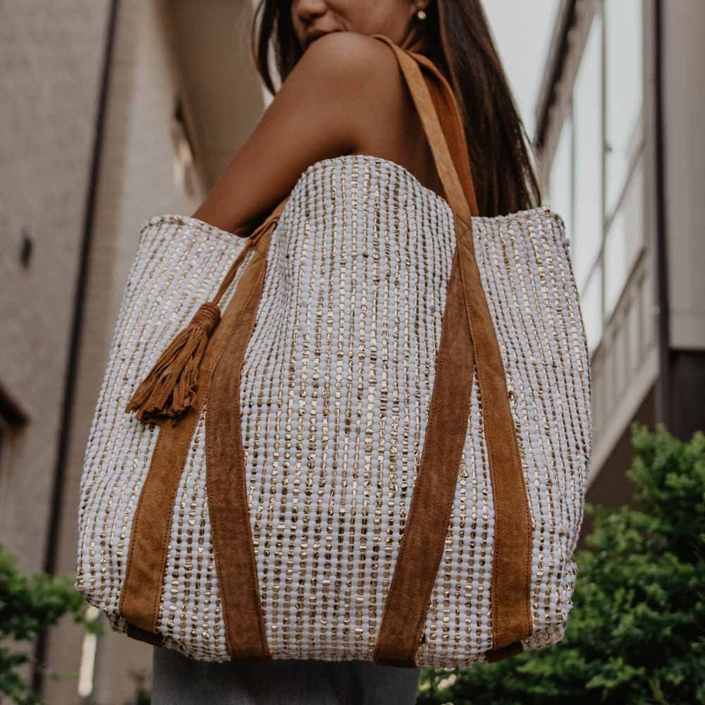 Image of Cream and Metallic Gold Tote with Leather Straps
