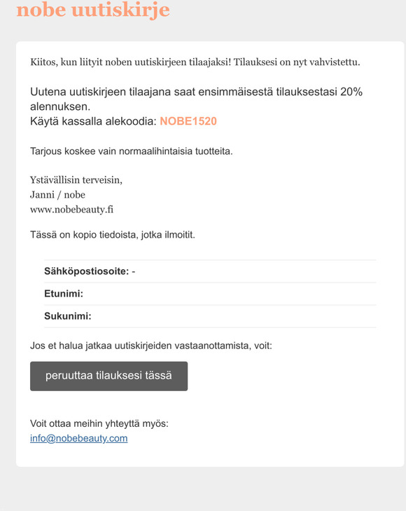 nobe -uutiskirje: Uutiskirjeen tilaus on vahvistettu