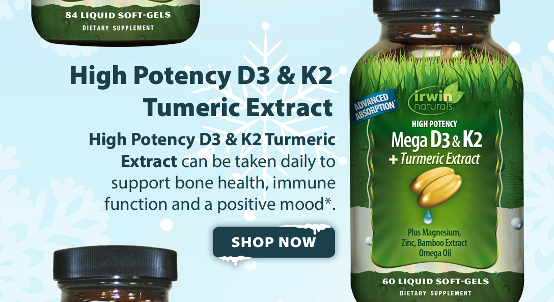 High Potency D3 & K2 +Turmeric Extract can be taken daily to support bone health, immune function and a positive mood.