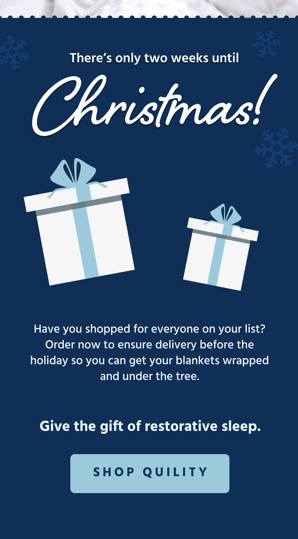 There’s only two weeks until Christmas! Have you shopped for everyone on your list? Order now to ensure delivery before the holiday so you can get your blankets wrapped and under the tree.  Give the gift of restorative sleep.  [ SHOP QUILITY ]