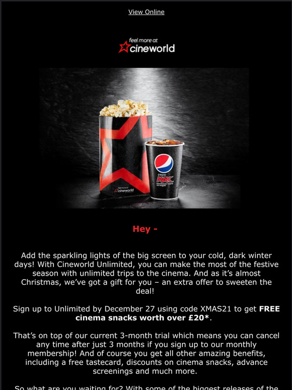 Cineworld Get FREE cinema snacks when you join Unlimited! Milled