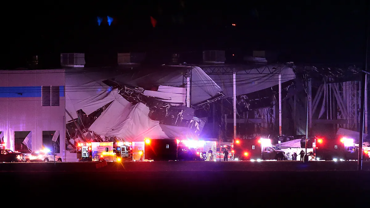 The Amazon distribution center is partially collapsed after being hit by a tornado on Friday, Dec. 10, 2021 in Edwardsville, Ill.  (Robert Cohen/St. Louis Post-Dispatch via AP)