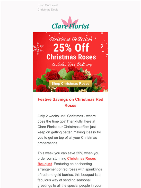 25% Off Christmas Red Roses with Free Next Day Delivery