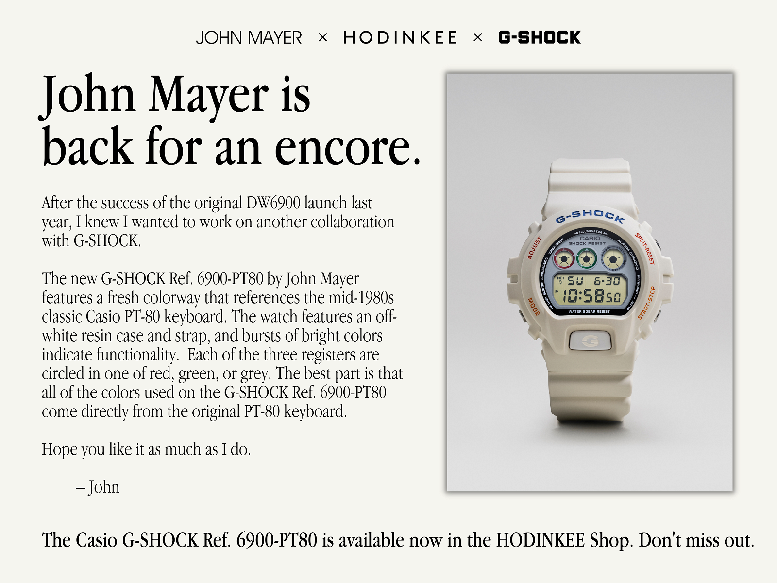 HODINKEE: It's Here: The G-SHOCK Ref. 6900-PT80 By John Mayer | Milled