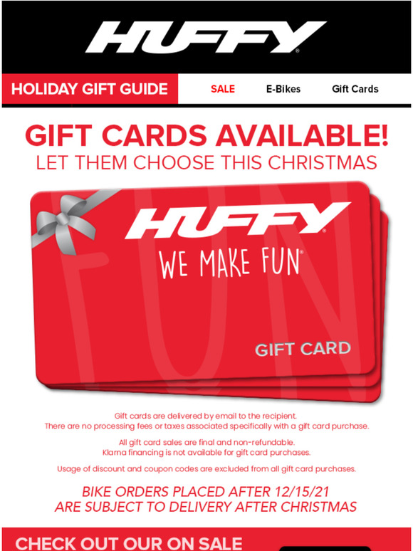 Huffy Bikes Huffy gift cards in time for Christmas! Milled
