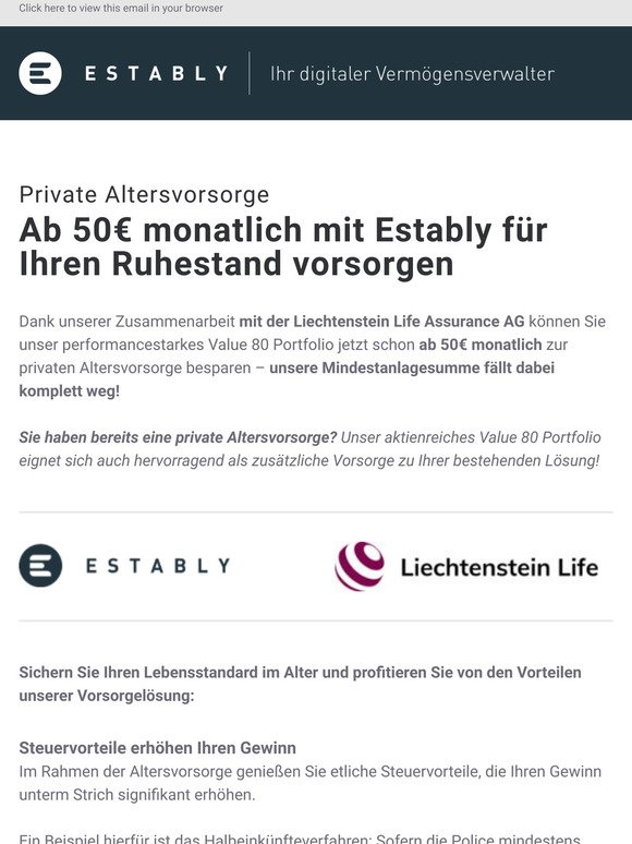 Ab 50 monatlich: Private Altersvorsorge mit Estably und Liechtenstein Life