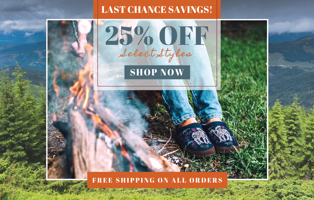 Last chance savings - 25% off select styles. Forest mule slippers on figure outside