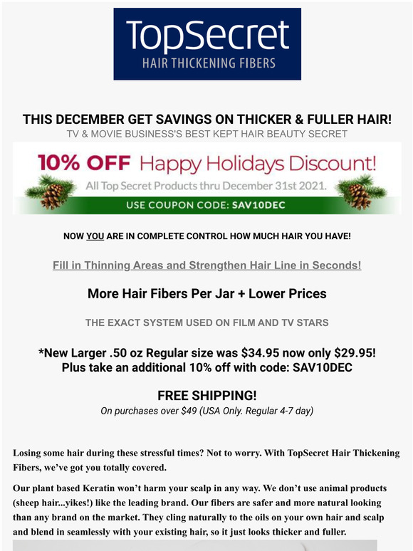 Top Secret Hair Thickening Fibers Holiday Savings Coupon