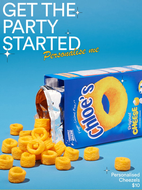 Get the party started | personalise me | Personalised cheezels $10. Click to Shop.
