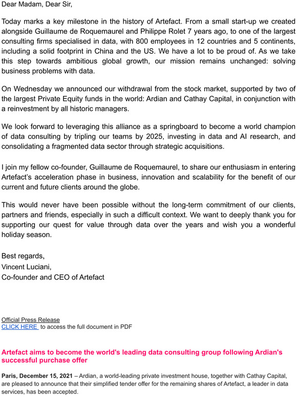Artefacts growth plan: becoming one the largest data consulting firms in the world