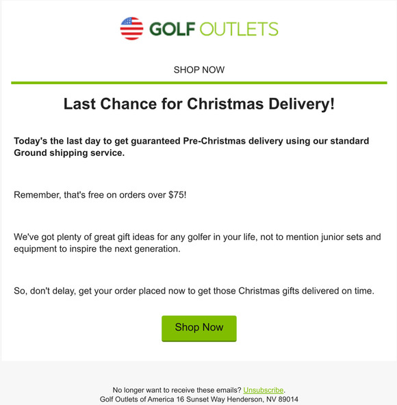 Last Chance for Christmas Delivery from Golf Outlets