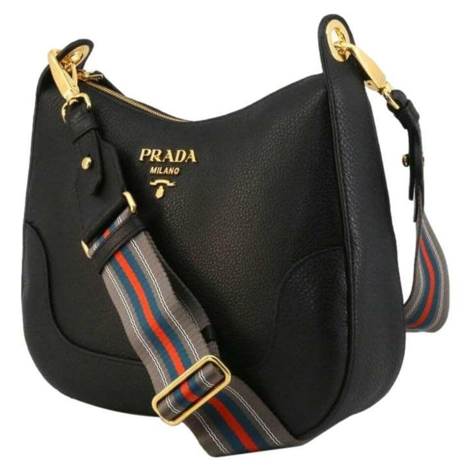 Prada Black Vitello Phenix Leather Web Stripe Strap Crossbody 1BC166:  Handbags