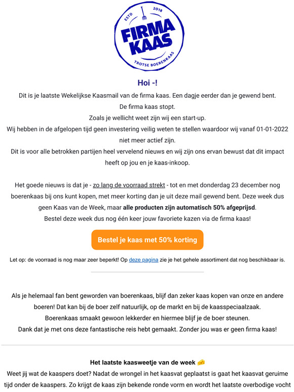 De laatste Wekelijkse Kaasmail: 50% korting op het hele assortiment
