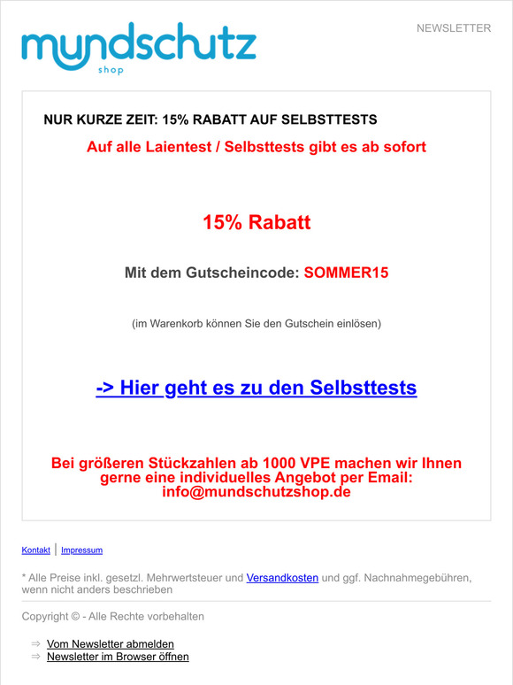 Nur kurze Zeit: 15% Rabatt auf Selbsttests