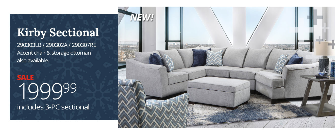Kirby Sectional - 290303LB / 290302A / 290307RE - Accent chair & storage ottoman also available. SALE $1999.99 includes 3‑PC sectional