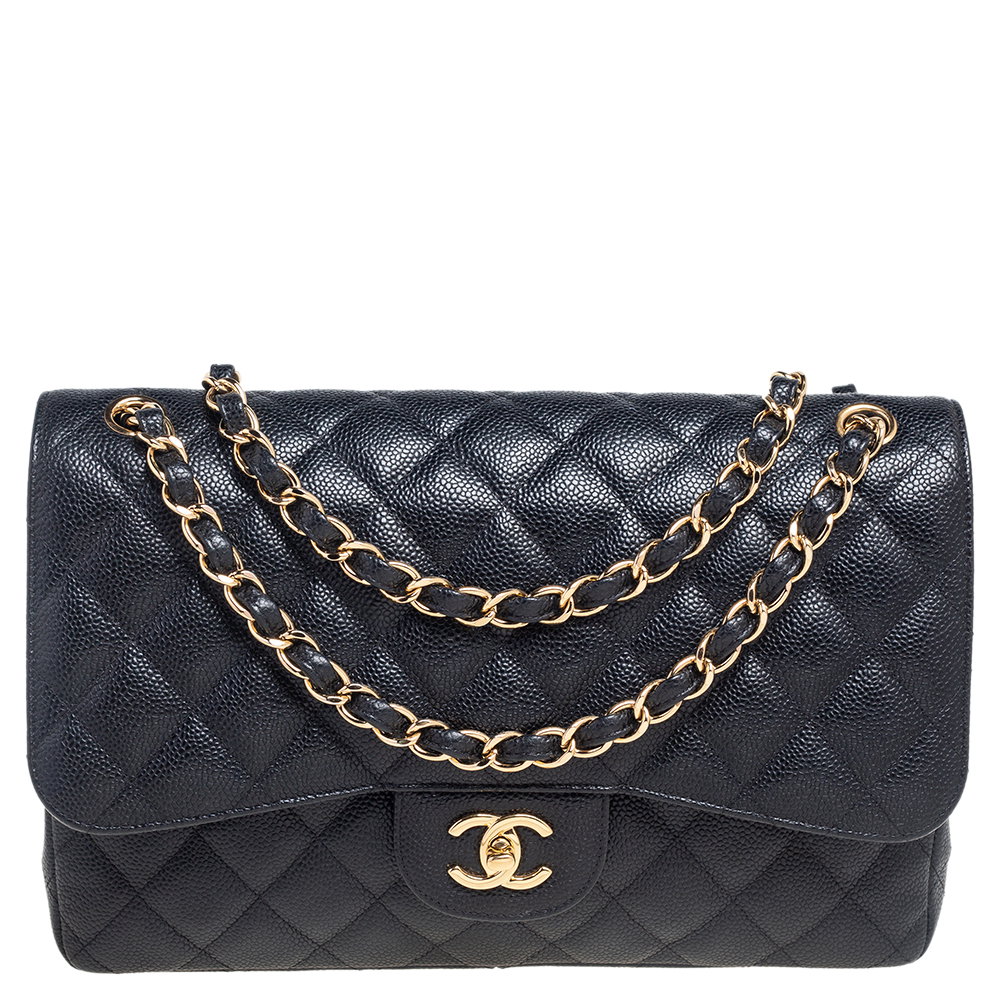 Black Quilted Caviar Leather Jumbo Classic Double Flap Bag