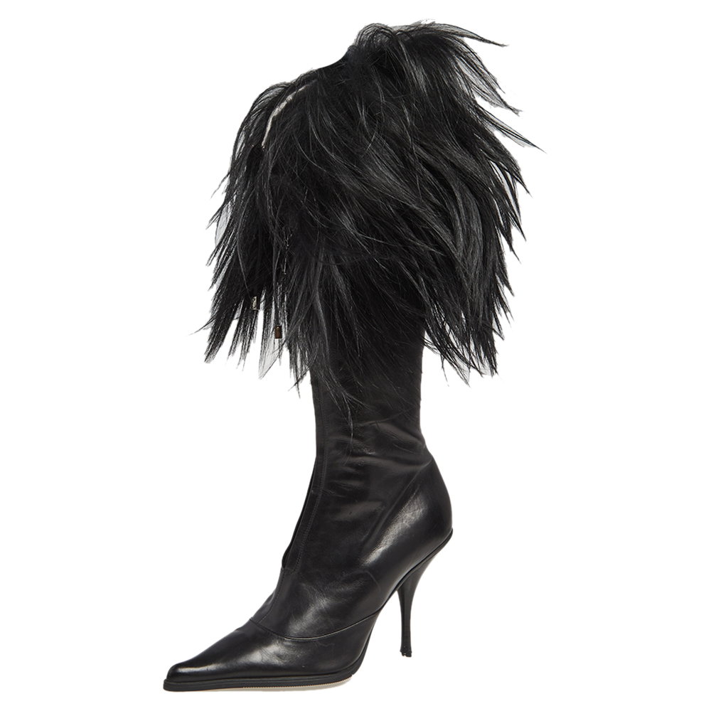 Black Patent Leather and Faux Fur Knee Boots Size 38.5