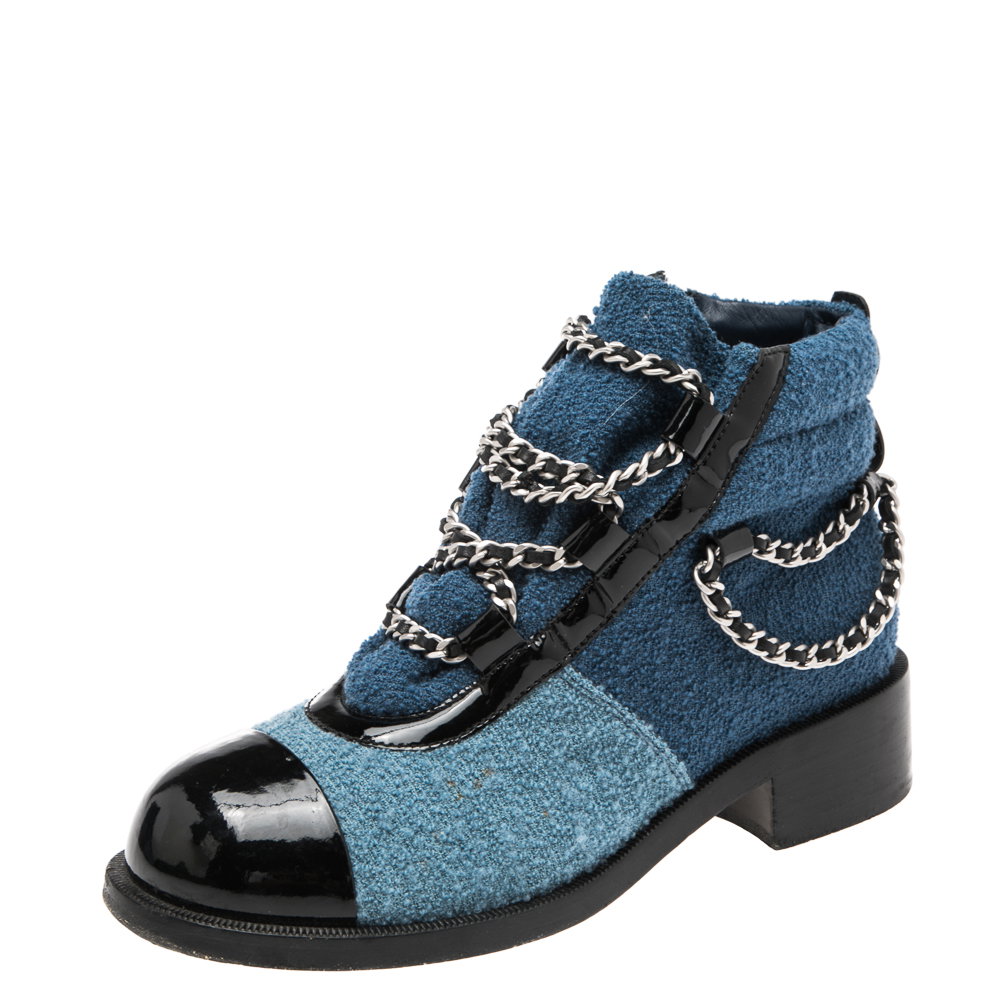 Blue/Black Wool and Patent Leather Paris Salzburg Charm Ankle Boots Size 37.5