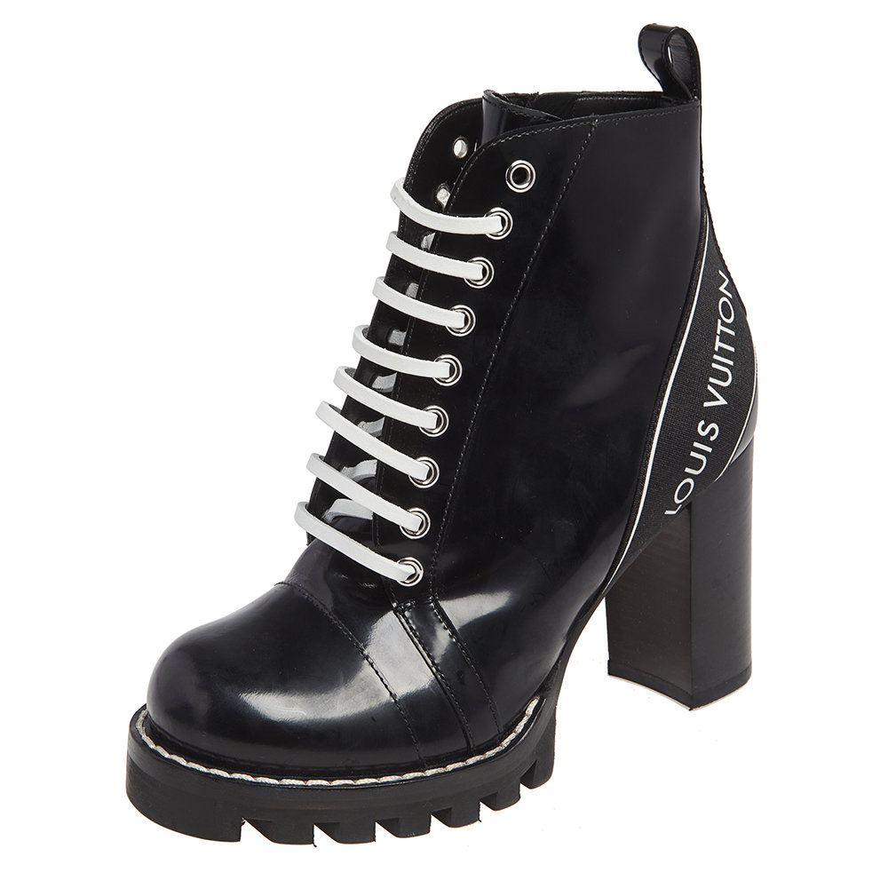 Black Patent Leather Star Trail Block Heel Boots Size 36.5