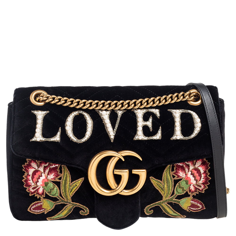 Black Love Embroidered Matelassé Velvet Medium GG Marmont Shoulder Bag