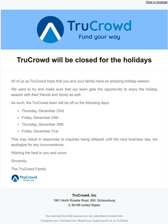 Happy Holidays - We'll be Closed