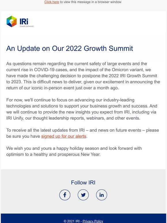 IRI 2022 IRI Growth Summit Postponement Notice Milled