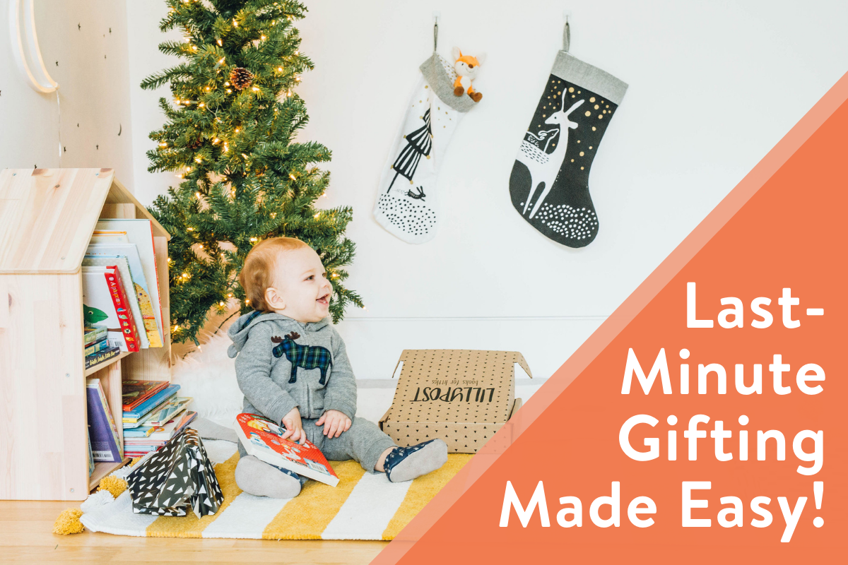 Little boy smiling by a Christmas tree with text saying "Last-Minute Gifting Made Easy!".
