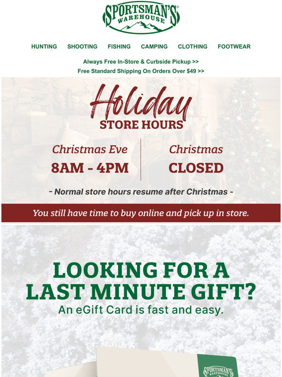 Sportsman's Warehouse eGift Cards are a great option for a last minute