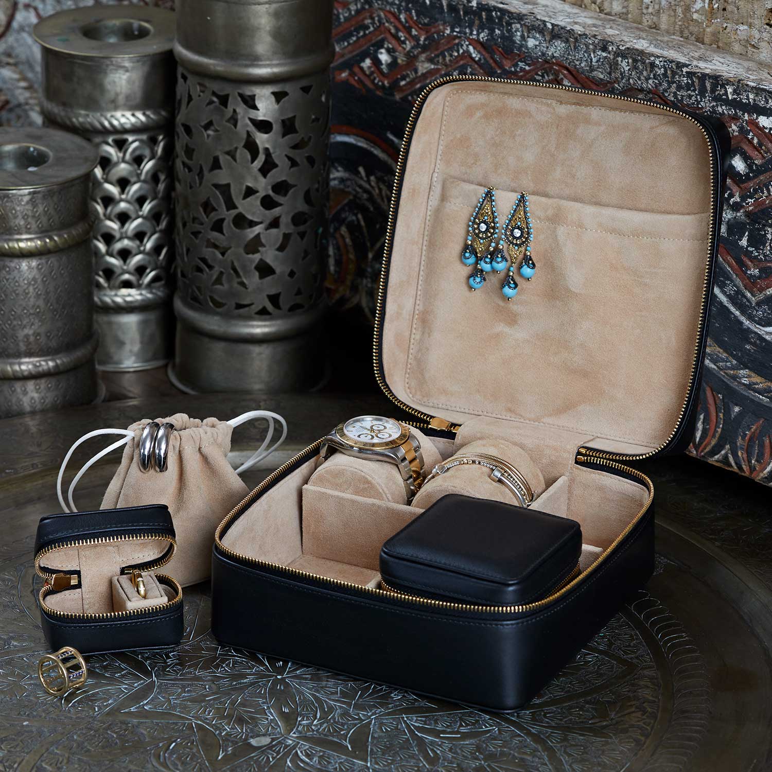 Black Leather Jewellery Storage Gift Set